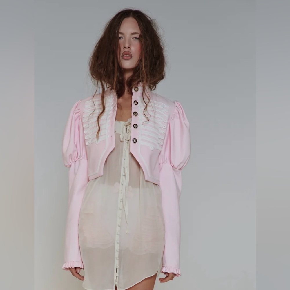 SELKIE Pink Cropped Military-Style Blazer Book Club Trim M Cottagecore Revolve